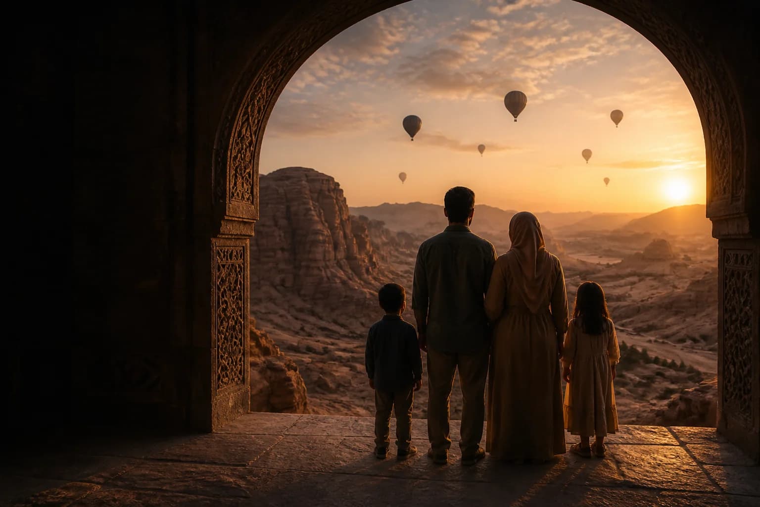 A family watching balloons rise over a desert valley